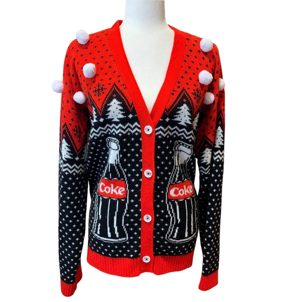 Coca-Cola Cardigan Sweater Women XXL Holiday Pom Pom Ugly Christmas Retro Kitsch